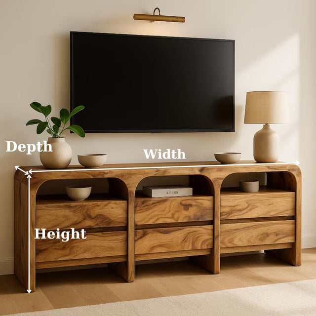 Modern Solid Wood TV Stand with Curved Design, Drawers & Open Shelves – Natural Walnut Finish