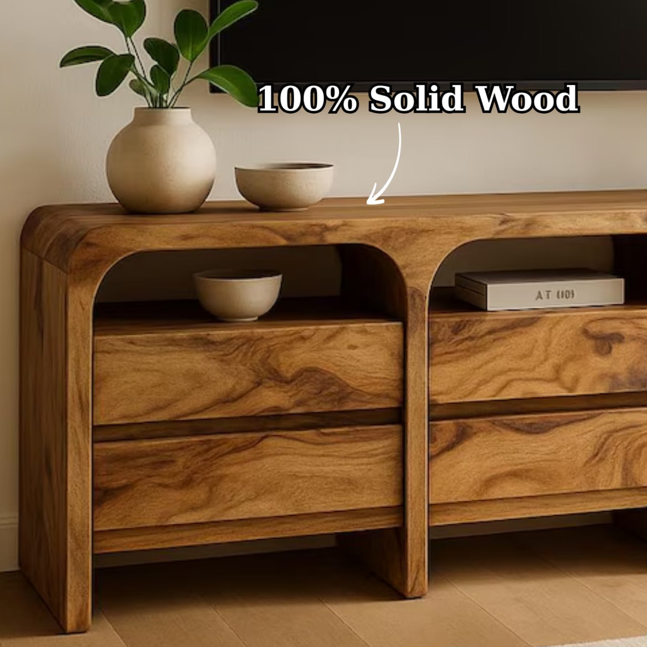 Modern Solid Wood TV Stand with Curved Design, Drawers & Open Shelves – Natural Walnut Finish
