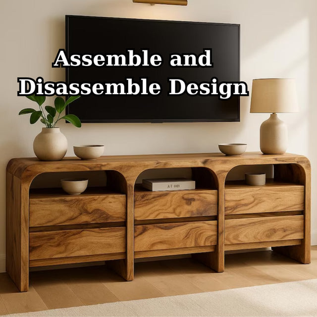 Modern Solid Wood TV Stand with Curved Design, Drawers & Open Shelves – Natural Walnut Finish