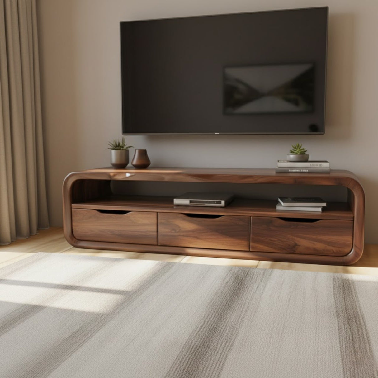 Handcrafted Solid Wood TV Stand with Smooth Curved Edges and Minimalist Storage Design