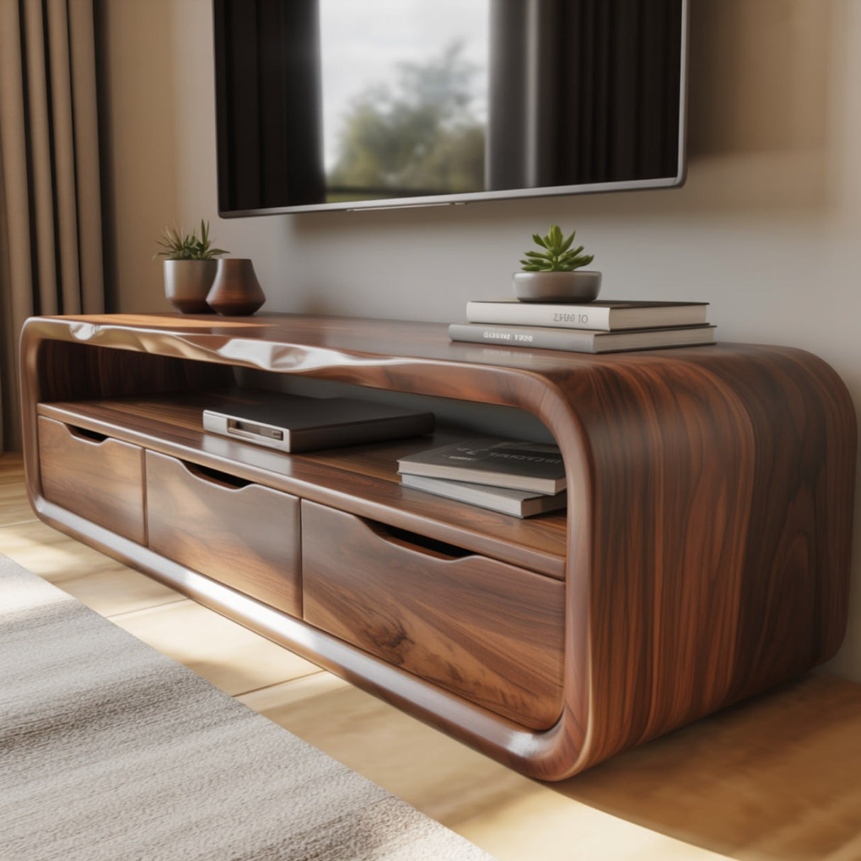 Handcrafted Solid Wood TV Stand with Smooth Curved Edges and Minimalist Storage Design