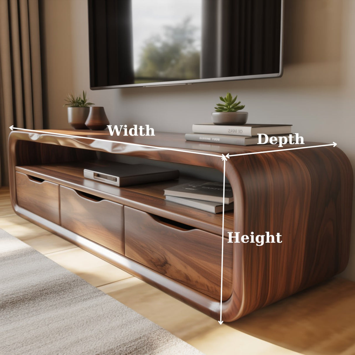 Handcrafted Solid Wood TV Stand with Smooth Curved Edges and Minimalist Storage Design