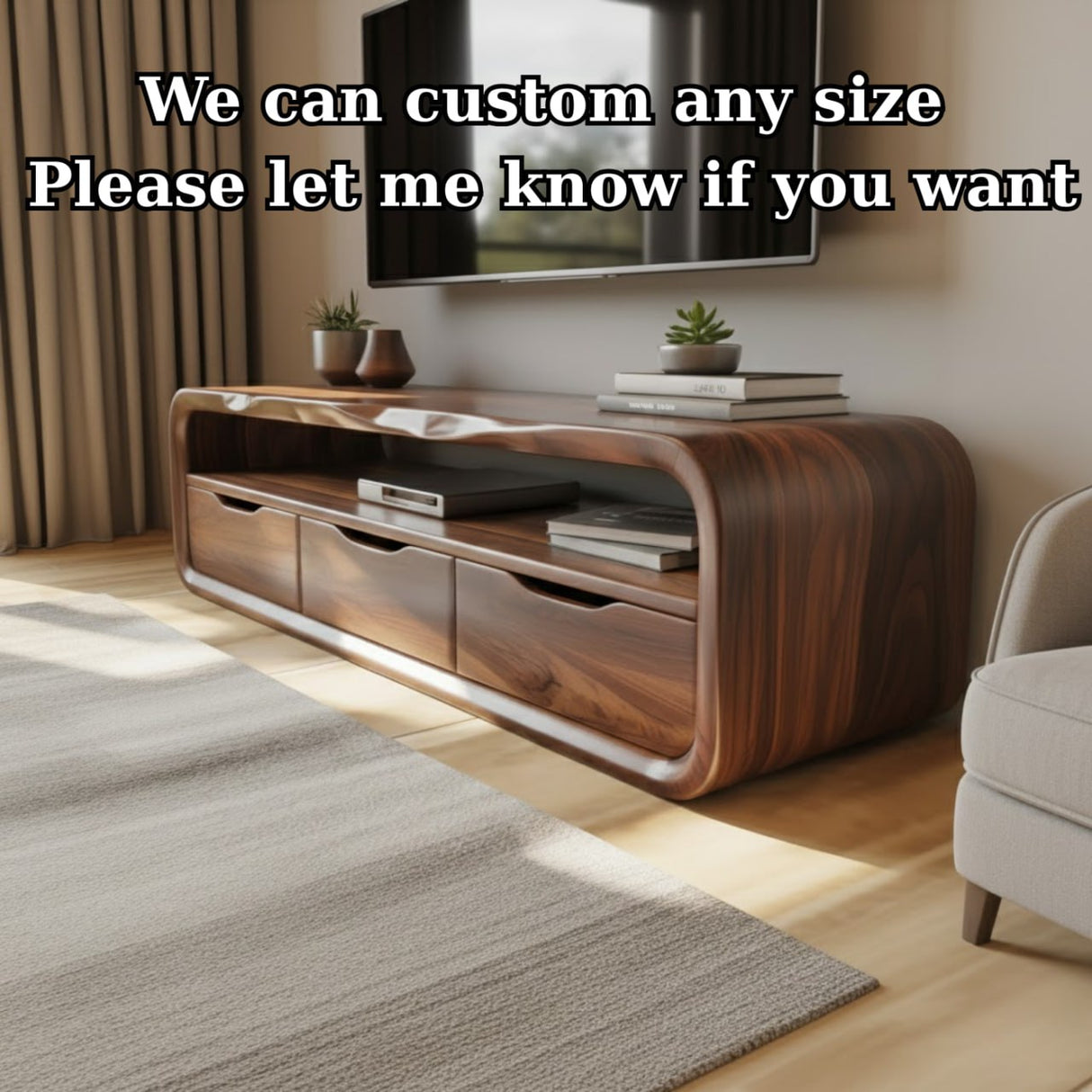 Handcrafted Solid Wood TV Stand with Smooth Curved Edges and Minimalist Storage Design