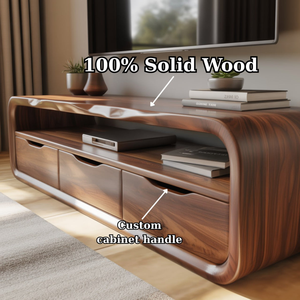 Handcrafted Solid Wood TV Stand with Smooth Curved Edges and Minimalist Storage Design