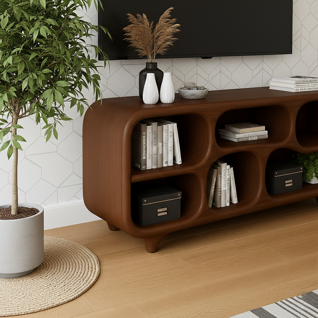 Handcrafted Solid Wood TV Stand – Sculptural Retro-Modern Soft Form Console