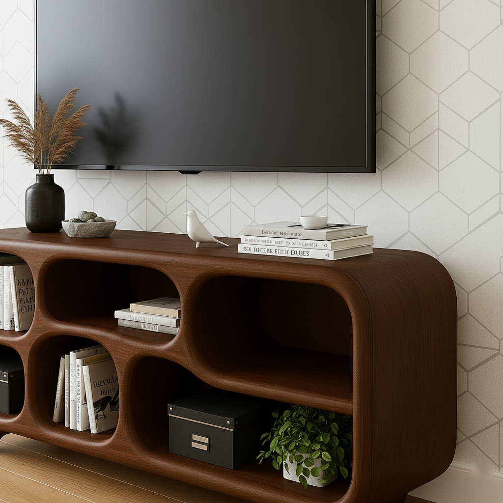 Handcrafted Solid Wood TV Stand – Sculptural Retro-Modern Soft Form Console