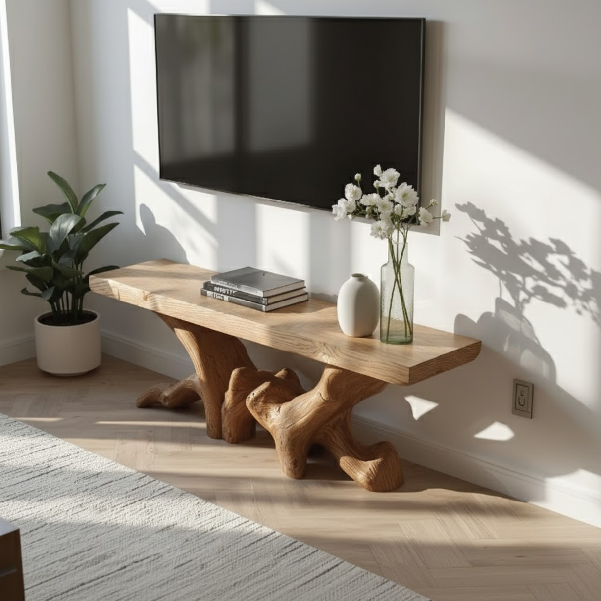 Handcrafted Solid Wood TV Stand with Organic Root Design and Natural Finish for Modern Interiors