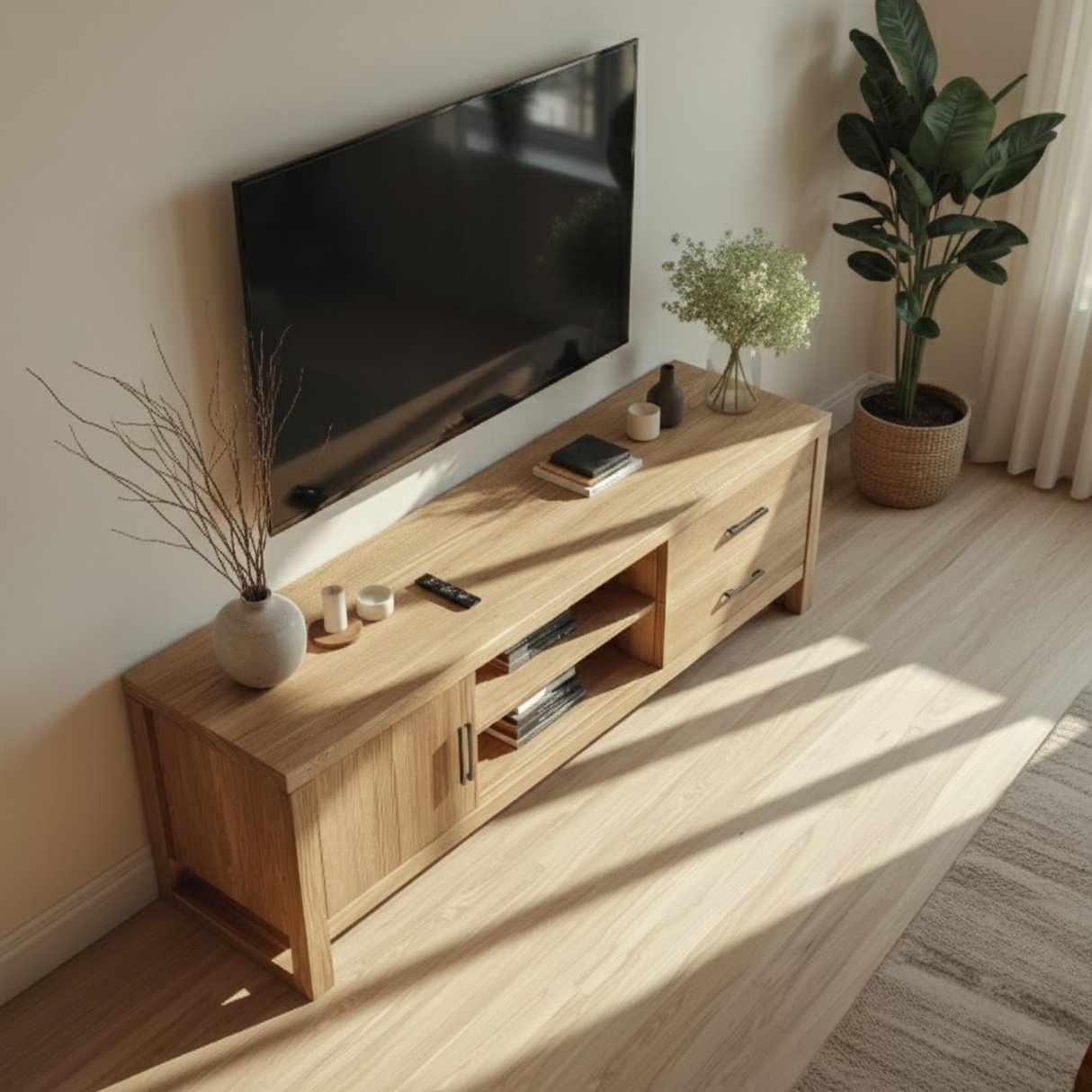 Handcrafted Solid Wood TV Stand with Drawers and Shelves in Natural Oak Finish for Living Room