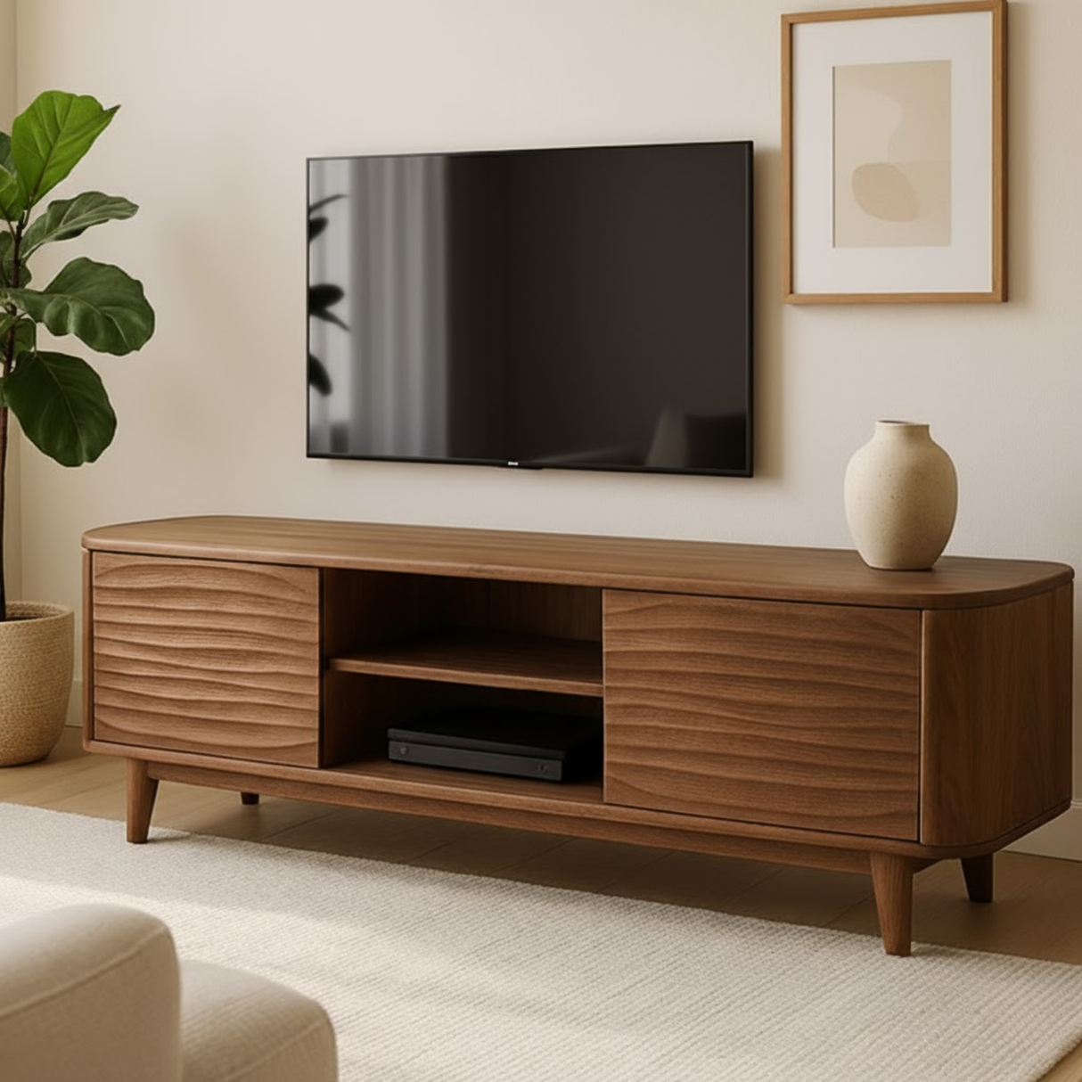 Soft Edge Sculptural Solid Wood TV Stand – Organic Modern Media Console with Wave Carved Doors, Rounded Corners, Minimalist Furniture