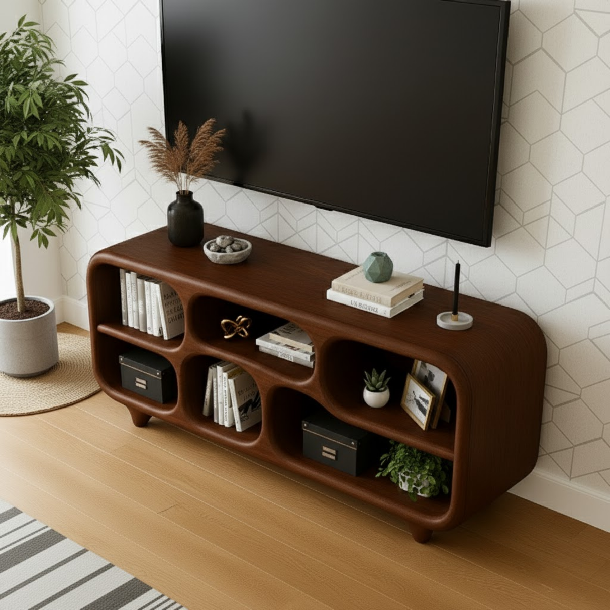 Handcrafted Solid Wood TV Stand – Sculptural Retro-Modern Soft Form Console