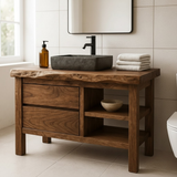 Handcrafted Solid Wood Bathroom Vanity with Live Edge Top and Open Shelf