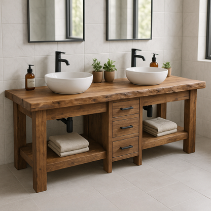 Handcrafted Solid Wood Double Bathroom Vanity – Live Edge Top with 3 Drawers & Open Shelves