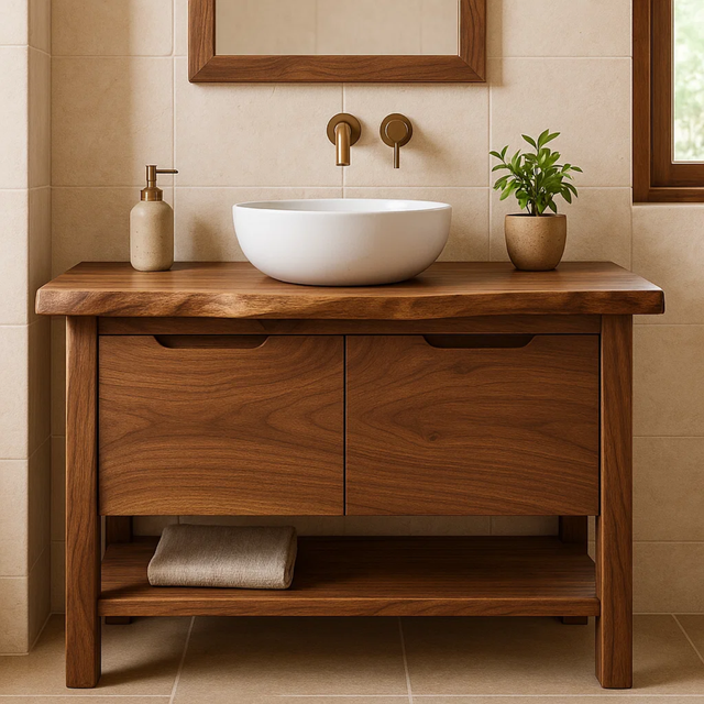 Handcrafted Solid Wood Bathroom Vanity with Live Edge Walnut Top and Open Shelf