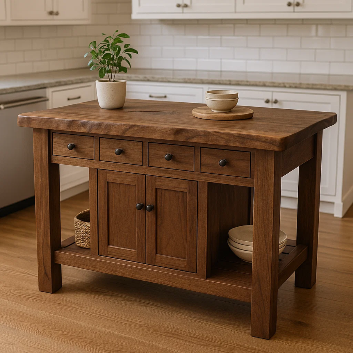 Handcrafted Solid Wood Kitchen Island - 4 Drawers & Cabinet Storage