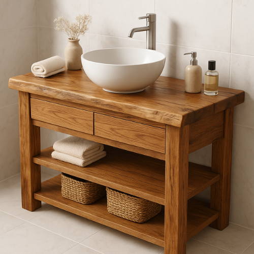 Solid Wood Bathroom Vanity – Handcrafted Live Edge Countertop with Drawers & Open Shelves – Rustic Farmhouse Vanity for Modern Interiors