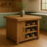 Handcrafted Solid Wood Kitchen Island - Square Shape, Cabinet & Shelves