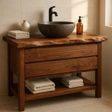 Handcrafted Solid Wood Bathroom Vanity - Live Edge Dark Wood Cabinet & Open Shelf
