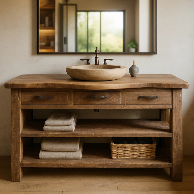 Handcrafted Solid Wood Bathroom Vanity with Curved Live-Edge Top and Triple Storage Drawers