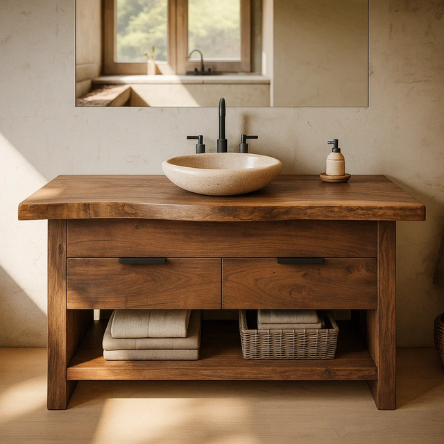 Handcrafted Solid Wood Bathroom Vanity with Live Edge Top and Open Storage Shelf