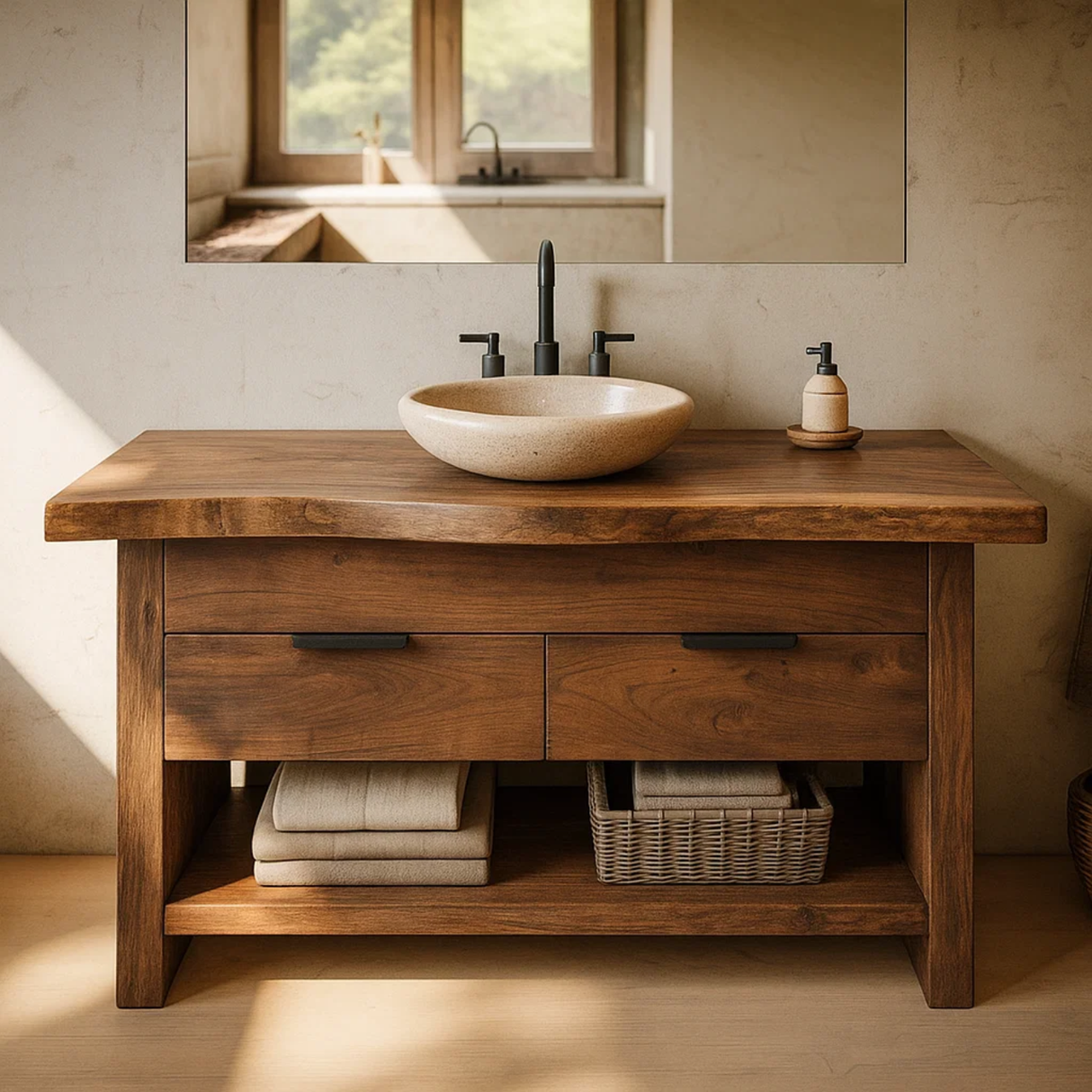 Handcrafted Solid Wood Bathroom Vanity with Live Edge Top and Open Storage Shelf
