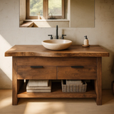 Handcrafted Solid Wood Bathroom Vanity with Live Edge Top and Open Storage Shelf