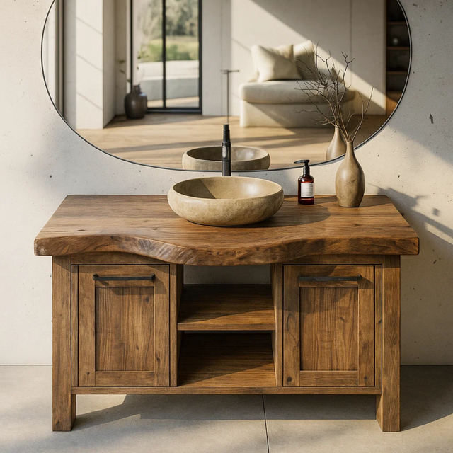 Handcrafted Solid Wood Bathroom Vanity with Live-Edge Top and Dual Side Cabinets