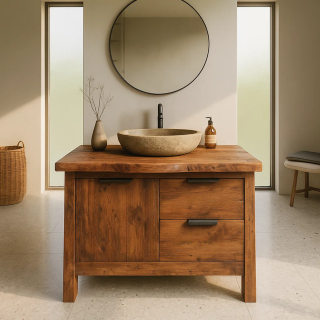 Handcrafted Solid Wood Bathroom Vanity with Live-Edge Top and Modern Drawer Design