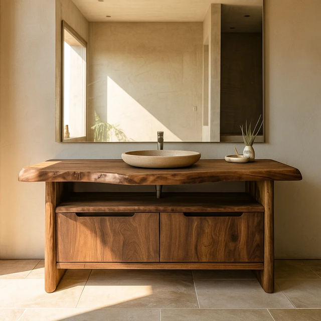 Handcrafted Solid Wood Bathroom Vanity with Live-Edge Walnut Top & Soft-Close Doors