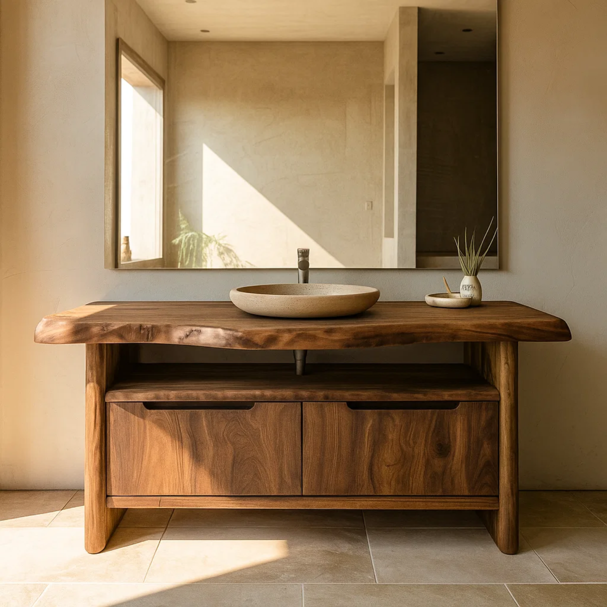 Handcrafted Solid Wood Bathroom Vanity with Live-Edge Walnut Top & Soft-Close Doors