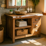Handcrafted Solid Wood Bathroom Vanity with Live-Edge Top and Spacious Open Storage