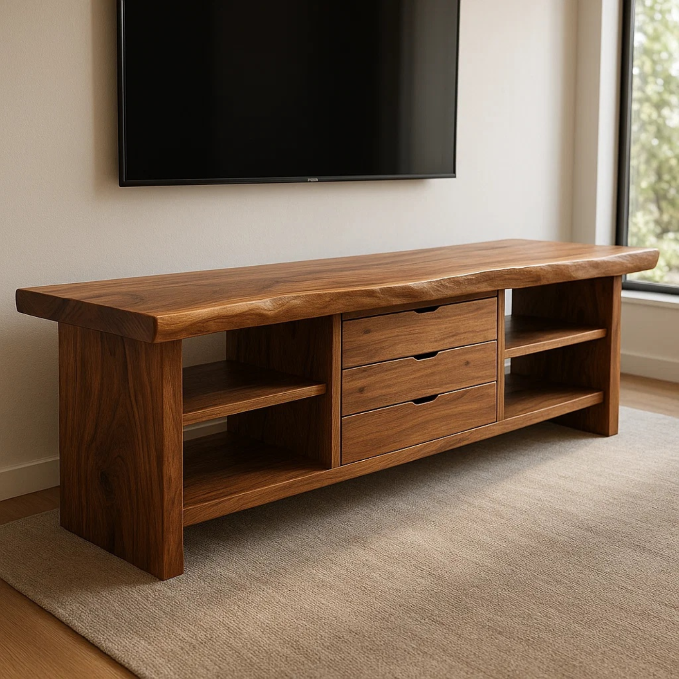 Handcrafted Solid Wood TV Stand - Live Edge Walnut, 3 Drawers & Open Shelves