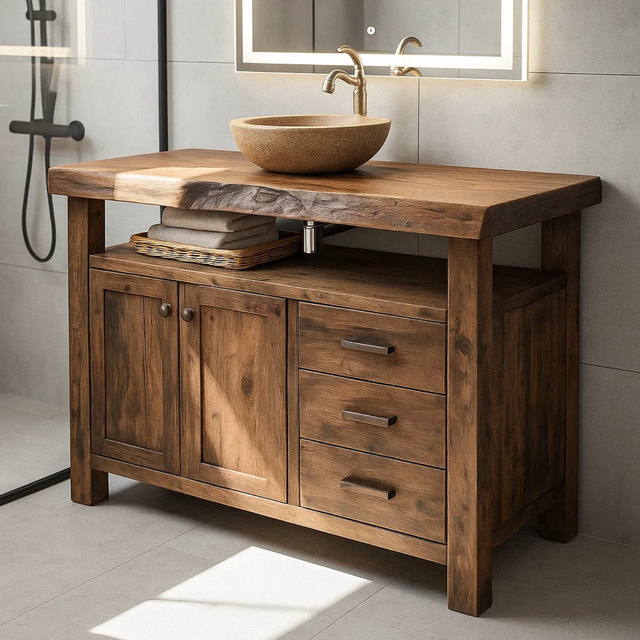 Handcrafted Solid Wood Bathroom Vanity with Live Edge Walnut Top, 3 Drawers and Cabinet