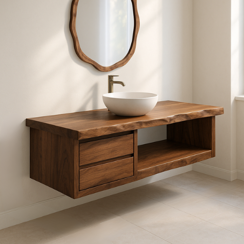 Handcrafted Floating Solid Walnut Bathroom Vanity – Live Edge Countertop with Dual Drawers and Open Shelf – Modern Rustic Design