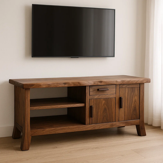 Handcrafted Solid Wood TV Stand - Live Edge Console, Drawer, Cabinet & Open Shelves