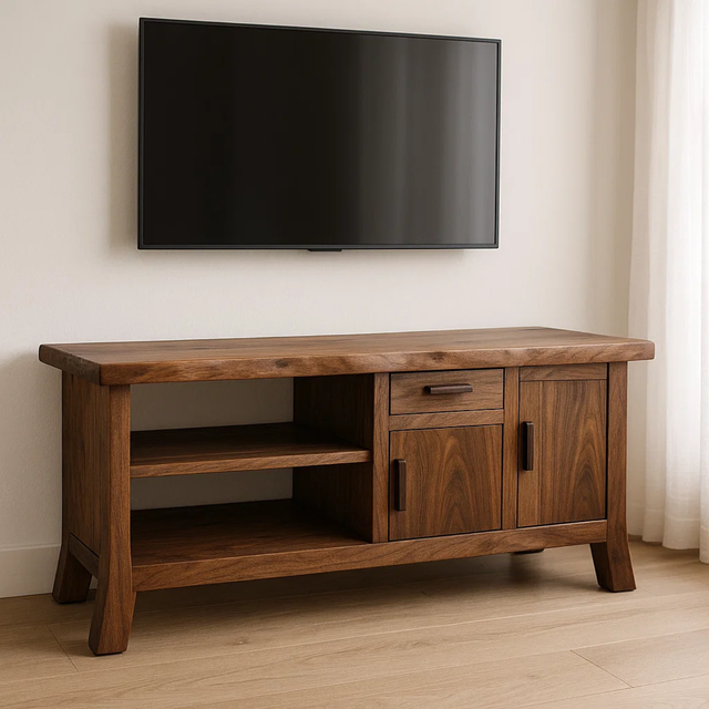 Handcrafted Solid Wood TV Stand - Live Edge Console, Drawer, Cabinet & Open Shelves