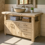 Handcrafted Solid Wood Bathroom Vanity with Live Edge Oak Top, 3 Drawers and Double Cabinet
