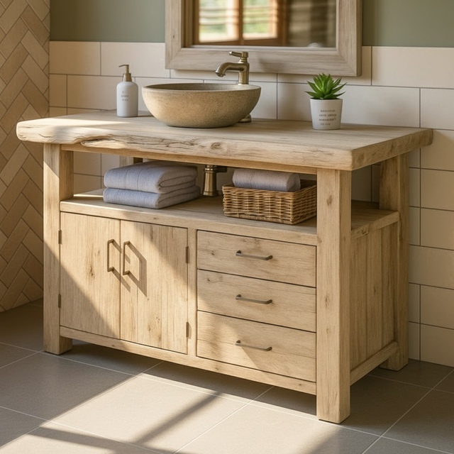 Handcrafted Solid Wood Bathroom Vanity with Live Edge Oak Top, 3 Drawers and Double Cabinet
