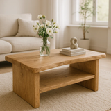 Handcrafted Solid Oak Coffee Table - Live Edge, Rustic Modern with Open Shelf
