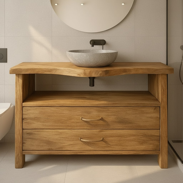 Handcrafted Solid Wood Bathroom Vanity with Live Edge Oak Top and Two Storage Drawers