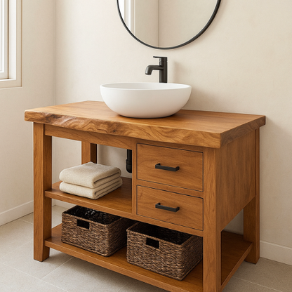 Handcrafted Solid Wood Bathroom Vanity – Live Edge with Drawers & Open Shelf