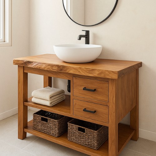 Handcrafted Solid Wood Bathroom Vanity – Live Edge with Drawers & Open Shelf