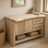 Handcrafted Solid Wood Bathroom Vanity with Live Edge Maple Top and Storage Shelves