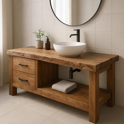 Handcrafted Solid Wood Bathroom Vanity – Live Edge Countertop with Drawers & Open Shelf – Rustic Modern Design for Natural Spa Interiors