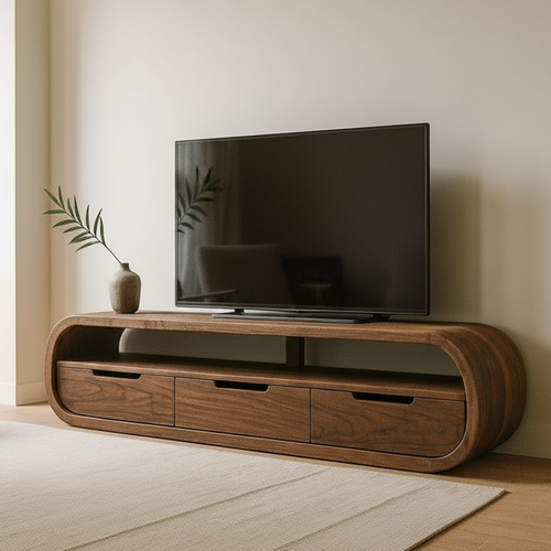 Handcrafted Solid Wood TV Stand - Modern Curved Console, Easy Assembly, 3 Drawers