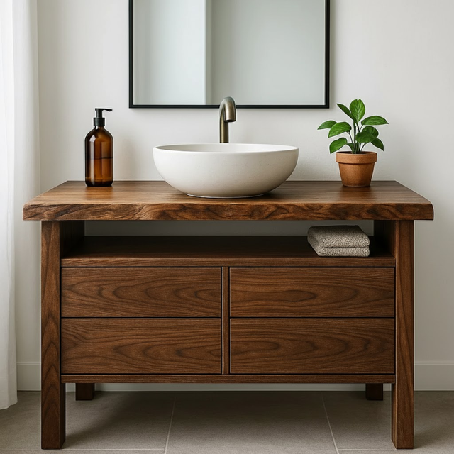 Handcrafted Solid Wood Bathroom Vanity with Live Edge Top and Minimalist Design