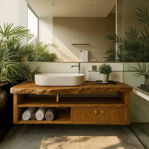 Handcrafted Solid Wood Floating Vanity, Organic Live Edge Bathroom Console with Storage