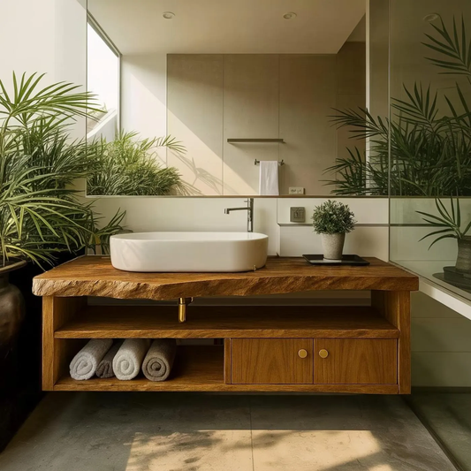 Handcrafted Solid Wood Floating Vanity, Organic Live Edge Bathroom Console with Storage
