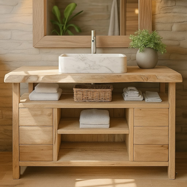 Handcrafted Solid Wood Bathroom Vanity with Live Edge Maple Top and Open Shelf Storage