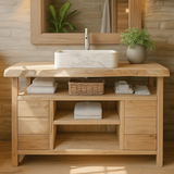 Handcrafted Solid Wood Bathroom Vanity with Live Edge Maple Top and Open Shelf Storage