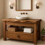 Handcrafted Solid Wood Bathroom Vanity – Live Edge Countertop with Drawer and Shelf – Rustic Organic Farmhouse Sink Console